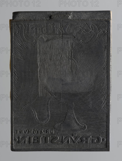 Bookplate of Zygmunt Grünstein; verso: fragment of another bookplate crossed out and cut into two parts EX LIBRIS, MVZEVM POKUCKIE; Lopienski, Ignacy (1865–1941), graphic artist; Tyrowicz, Ludwik (1901–1958), graphic artist; negatively engraved by Ludwik Tyrowicz, 1940, Lviv; subject motifs: snakes (zool.), Aesculapian snake (mythological), chalices, jugs; medical bookplate, illustrative bookplate; bookplate, graphic matrix, woodcut block; height 6.0 cm, width 4.2 cm, thickness 2.2 cm