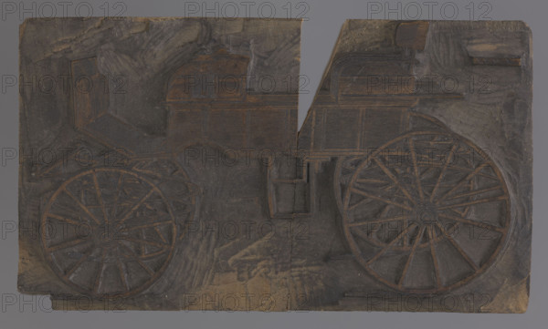Carriage; Aleksander Maj (1883–1952), graphic artist; carriages; illustrations; after 1900; Warsaw; woodcut block; height 7.2 cm; width 12.7 cm; thickness 2.2 cm