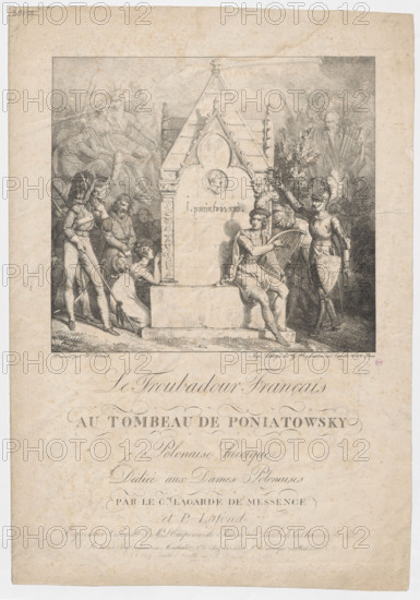 French troubadour at the tomb of Prince Józef Poniatowski; Horace Vernet (1789–1863), graphic artist; Henri-Pierre Danloux (1753–1809), painter; Godefroy Engelmann, lithographic workshop (Paris, London; 1816–c.1875), publisher; ca. 1820, Paris; graphic art. Depicts monuments, Prince Józef Antoni Poniatowski (1763–1813) — iconography: soldiers, knights, troubadours, lyres, laurel wreaths, musical pieces/sheet music; neo-Gothic style; Napoleonic era (1799–1815).