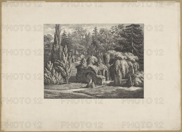 Botanical Garden in Warsaw. Chapel at the site of the cornerstone for the construction of the Temple of Divine Providence, graphic artist. Temple, Botanical Garden (Warsaw), 1861 (earlier dating 1840), graphic, height 16.7 cm, width 22.3 cm