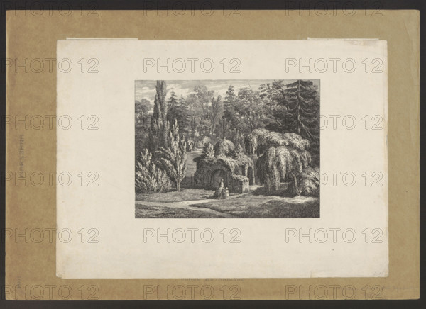 Botanical Garden in Warsaw. Chapel at the site of the cornerstone for the construction of the Temple of Divine Providence, graphic artist, 1861 (earlier dating 1840), graphic, height 16.7 cm, width 22.3 cm.