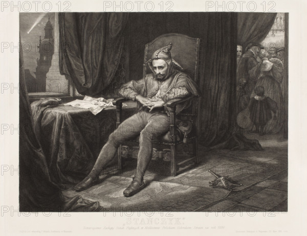 Stanczyk; Redlich, Henryk (1838–1884), graphic artist; Matejko, Jan (1838–1893), painter; Angerer, Ludwig (publishing house; fl. 1849–1930); Stanczyk (ca. 1480–ca. 1560); premiums of the Society for the Encouragement of Fine Arts; Polish; premium for 1886; Redlich after Matejko's painting 'Stanczyk', 1886; Berlin; graphic art; 37.3 × 40.8 cm