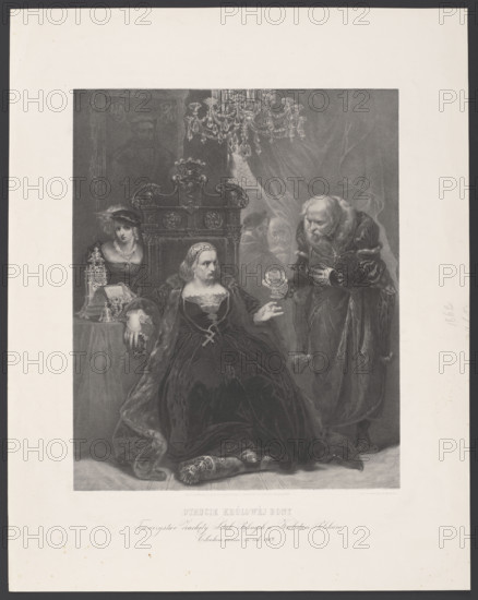 The Poisoning of Queen Bona. By Wladyslaw Walkiewicz after Jan Matejko (painting 1859–1860); lithograph by Adam Dzwonkowski (lithographic workshop, 1859–1872). Depicts Bona (Queen of Poland, 1494–1557); includes chandeliers and chalices; painting reproductions. Graphics, composition: height 61.4 cm, width 44.5 cm; overall height 92 cm, width 70 cm; lamination: height 54.5 cm, width 44.3 cm; sheet: height 79.6 cm, width 62.9 cm. Premium of the Society for the Encouragement of Fine Arts in the Kingdom of Poland for 1862., A grayscale print showing an indoor scene with a central seated woman wearing a dark, voluminous gown and a fur-lined cloak, a jeweled headpiece, and a visible pendant at her waist, seated on an ornate carved throne with decorative motifs; to her left a younger woman in a dark dress and feathered headwear stands beside a small table holding a detailed ornamental object and other small items; to the seated woman’s right an older bearded man in a long dark robe leans forw...