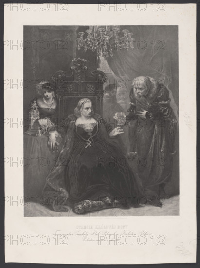 The Poisoning of Queen Bona. Premium of the Society for the Encouragement of Fine Arts for 1862. Walkiewicz, Wladyslaw (ca. 1833–1900); after Matejko, Jan (1838–1893); lithograph by Dzwonkowski, Adam (Warsaw; lithographic workshop; 1859–1872). Subject: Bona (Queen of Poland; 1494–1557). From a painting by Matejko dated 1859–1860. Lithograph, 1862. Graphic; sheet: 74.6 × 54.9 cm; composition: 61.6 × 44.5 cm; lamination: 54.5 × 44.2 cm; overall: 92 × 70 cm., A grayscale image of an interior scene showing a seated woman in a dark voluminous gown and a fur-trimmed cloak on an ornate throne-like chair, a jeweled crown on top of the chair back, a decorative chandelier hanging above, and a standing older man leaning toward her offering a goblet while holding his chest; to the left of the seated woman a younger woman stands behind a table with a small ornate tower-like object and other decorative items, and a group of faint figures appears in the background behind translucent drapery; visible ...
