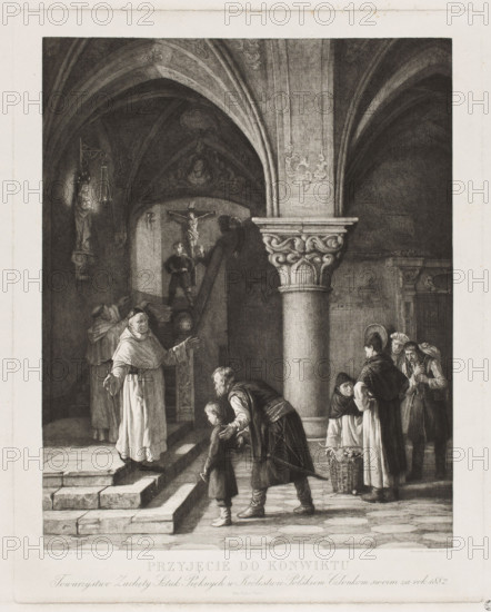 Admission to the Boarding House, Maszynski, Julian (1847–1901), painter; Redlich, Henryk (1838–1884), graphic artist; Impimerie Eudes (Paris; printing house; 1879–1897), publisher; 1882; print; height 48.2 cm, width 37.9 cm; sheet: height 72 cm, width 55 cm. Caption notes Maszynski's painting 'Admission to the Boarding House' was reproduced as a premium in 1882 and that the artist's paintings had previously been used as premiums in 1878 ('Episode from 1812') and 1882.