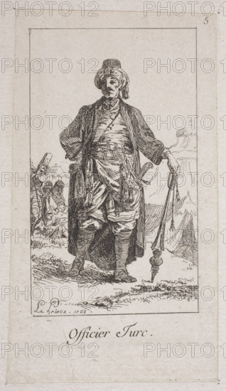 Officier Turc, Le Prince, Jean-Baptiste (1734-1781), graphic artist. Compositions on 'Oriental' themes are the fruit of Le Prince's stay in Russia; he stayed there until 1763. In addition to illustrations for travel publications, he produced a series of graphics presenting Russian and Turkish costumes. On the title page of Habillement de diverses nations he included figures in Turkish turbans and transposed regional attire. The officer depicted in the engraving has a saber with an open hilt (karabela-type), belted at his side, and is most likely leaning on a mace with a strong handle and metal pommel (the mace being the weapon of officers and military dignitaries). The artist altered the mace's shape, 'modernizing' it in a European aesthetic. In the background is a camp with janissaries dressed in caftans and characteristic high caps (ketches). Double-etched etching, shadows and foreground added in the second stage. 1765, Paris, France. Print (graphic print).