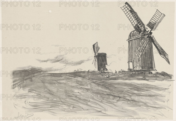 Two windmills, Wyczólkowski, Leon (1852-1936), graphic artist; Pruszynski, Aureliusz (1873-post 1930), artistic studio, publisher; Wellisz, Leopold (1882-1972). Village, windmills. Ukrainian Portfolio 19: Autolitografij i Autoalgrafij (Kraków 1912). Chine collé on thin white cardboard with grayish Chinese paper glued over entire surface; lamination. Polish graphics, rural landscapes, Poland. Drawing made with soft chalk; in the foreground a strip of dynamically shaded, transparent clods of earth, marked flat with chalk. Notes on style: bolder effects, stronger accents, more mobile shadows; contrast of linear, shadowless cluster of roofs against soft, gray painterly meadows with patches of trees. Inscribed in pencil under composition: L Wyczólkowski, 1912; medium noted as ceratorite. Graphic print, 1912, Kraków. Height 34.6 cm, width 48.5 cm.