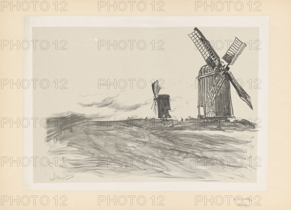 Two windmills, Leon Wyczólkowski (1852–1936), 1912. Ceratorite print with chine-collé (grayish Chinese paper glued over thin white cardboard), height 34.6 cm, width 48.5 cm. Drawing made with soft chalk; rural landscape of a village with windmills. Signed in pencil under the composition: L. Wyczólkowski, 1912. Description: foreground formed by a strip of dynamically shaded, transparent clods of earth marked flat with chalk; town rendered as a linear, shadowless cluster of roofs surrounded by a soft, gray painterly surface of meadows with patches of trees.