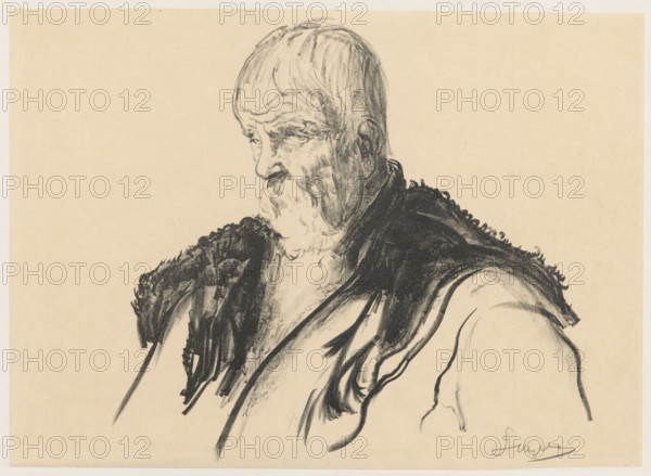 Old peasant (without a hat), Wyczólkowski, Leon (1852–1936), graphic artist; Pruszynski, Aureliusz (artistic studio; 1873–post 1930), publisher; lithograph printed in 1911. Ukrainian Portfolio 19. Autolitografij i Autoalgrafij (Kraków 1912). Japon collé (chine collé) — thin cream paper glued over its entire surface onto thin white slightly glossy cardboard; the paper is wavy at the top and not glued at the bottom left. Drawing made with very soft chalk, chalk laid flat; visible impression of the aluminum plate. Description: male portrait of a peasant — characteristic, serious male head portrayed carefully and up close; effects include bolder accents, more mobile shadows, emphasis on a dynamically shaded foreground formed by a strip of transparent clods of earth marked flat with chalk. Wyczólkowski prepared the papers himself. 1911, Kraków. Graphic print; height 20 cm, width 28 cm.