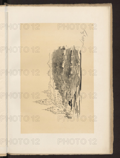 Wawel from Zwierzyniec, Wyczólkowski, Leon (1852–1936), Kraków (1915). Drawing of Wawel Castle on stone, made with a sharp chalk tip; foreground with buildings on the left and bushes on the right, with the side of the chalk. Precise drawing of the architecture emphasized, foreground rendered more lightly. Thick, stiff, directional, chalked paper. Graphic print; height 13.3 cm, width 19.8 cm.