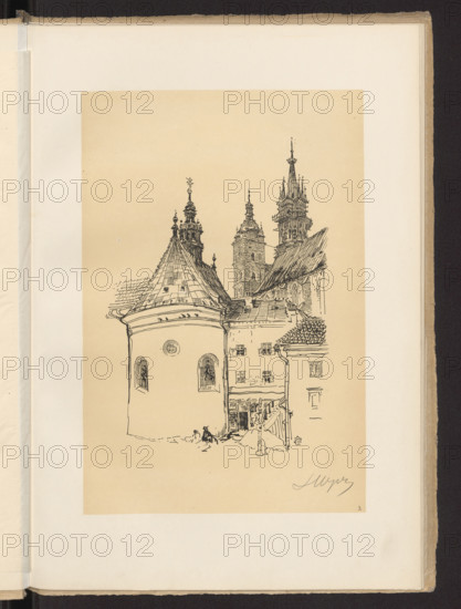 Church of the Blessed Virgin Mary of the Small Market Square, Wyczólkowski, Leon (1852–1936), graphic artist; Cotty, Jan, publisher (printing house and lithographic plant, Warsaw; 1863–1939); Warsaw Artistic Society, publisher (1899–ca.1918); St. Mary’s Church (Kraków); Krakow (1915); Poland; churches (architecture); Krakow (Lesser Poland Voivodeship); architectural views; Polish graphics; St. Barbara's Church (Krakow). Drawing made on stone with pen and ink. Wyczólkowski used either chalk or pen and ink. Thick, stiff, directional, chalked paper. 1915. Warsaw. Graphic print. Height 22.5 cm; width 15.8 cm.