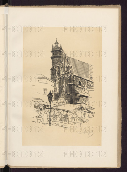 Corpus Christi Church; Wyczólkowski, Leon (1852–1936), graphic artist; Cotty, Jan (Warsaw; printing house and lithographic plant; 1863–1939), publisher; Warsaw Artistic Society (Warsaw; publishing house; 1899–ca.1918), publisher; Kraków (1915); Kraków (Lesser Poland Voivodeship); churches (architectural); Poland; architectural views; Corpus Christi Church (Kraków); Polish graphics; Drawing made on stone with chalk, sharp end and side (grayscale). Wyczólkowski did not combine tools—either chalk or pen and ink; 1915; Warsaw; graphics; graphic print; height 22.6 cm; width 15.8 cm