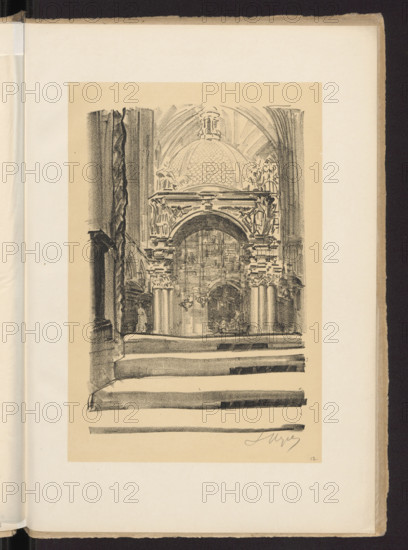 Saint Stanislaus (Wawel), Wyczólkowski, Leon (1852-1936), graphic artist; Cotty, Jan (Warsaw; printing house and lithographic workshop; 1863-1939), lithographic workshop, publisher; Warsaw Artistic Society (Warsaw; publishing house; 1899–ca. 1918), publisher; Wyczólkowski, Leon (1852-1936). Cracow (1915). Wawel (Krakow), churches; confession of Saint Stanislawa (Krakow; Wawel Cathedral); architectural views; Krakow (Lesser Poland Voivodeship); Wawel Cathedral (Krakow); Polish print. Drawing made on stone with chalk in the shaded areas, drawn sideways in the light with a slightly sharp tip. Wyczólkowski did not combine tools. Either chalk or ink pen. 1915. Warsaw. Print; graphic print. Height 25.6 cm; width 17.0 cm.