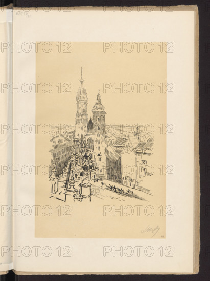 Church of the Virgin Mary, Wyczólkowski, Leon (1852–1936), graphic artist; Cotty, Jan (printing house and lithographic plant; 1863–1939), publisher; Warsaw Artistic Society (publishing house; 1899–ca.1918), publisher. St. Mary’s Church (Kraków). Kraków, 1915. Subject: churches; Main Market Square (Kraków); architectural views; Polish graphics. Drawing made on stone with pen and ink. Wyczólkowski did not combine tools: either chalk or pen and ink. Identical composition as in plate no. 1, that one made with chalk. Medium: graphic print. Dimensions: height 20.5 cm, width 15.6 cm.