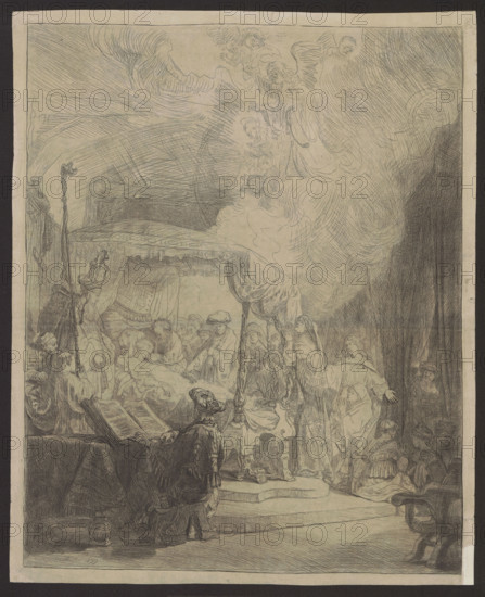 The Dormition of the Blessed Virgin Mary, Rembrandt van Rijn (1606–1669), graphic artist, religious scenes, The Dormition of the Blessed Virgin Mary (iconographic), 1639, graphic print, graphic art, The image shows a detailed monochrome drawing with a group of people gathered around a central bed or canopy draped with fabric, several figures standing and kneeling, a person reclining under the canopy, and a few figures holding tall poles or staffs; an open book rests on a table near the foreground beside a seated figure wearing a dark cloak and a hat; the scene includes flowing, cloudlike lines and a group of angelic or winged figures in the upper area, with heavy crosshatching and fine line work throughout; visible colors are shades of gray, black, and off-white or beige.