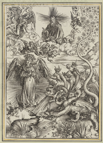 The Apocalyptic Woman, Dürer, Albrecht (1471–1528), graphic artist; religious scenes; Apocalypse of St. John (New Testament); God the Father; 1511; graphic; height 39.0 cm, width 27.5 cm, The image shows a detailed black and white engraving of a celestial scene with a central winged female figure standing on a crescent shape, surrounded by radiating lines and clouds; several small winged cherubs hover above her among clouds. Above them sits a bearded male figure with radiating beams behind his head, flanked by two larger winged angels in the upper corners. To the right a multi-headed dragon-like creature with wings and crowns on some heads is depicted in a dynamic posture, its necks and heads twisting among clouds and stars; a long sinuous tail or serpent curves upward toward a field of stars. The lower foreground contains rocky ground, plants, and flowing water, and the whole scene is enclosed by a decorative border. The visible colors are black lines on an off-white or beige backgrou...