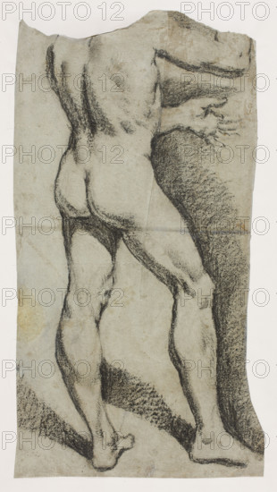 Fragment of the figure of the Crucified Christ, draughtsman Benedykt Tyszkiewicz (1904–1956); Italian drawing of the Crucifixion — figurative and drapery studies; related to Bonola Giorgio (1657–1700). Body of Christ shown from the waist, with drapery around the hips, the end hanging loosely on the right, feet pierced with a nail. 16th/17th century, Italy. Drawing; height 28.1 cm, width 23.1 cm.