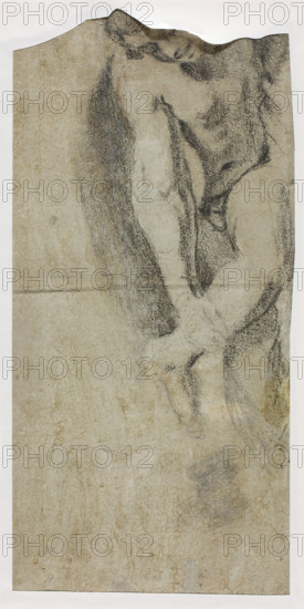 Fragment of the figure of the Crucified Christ, draughtsman Benedykt Tyszkiewicz (1904–1956); Italian drawing, 16th/17th century; studies (sketches), Crucifixion of Jesus Christ, figurative studies, drapery studies; Bonola Codex; body of Christ shown from the waist with drapery around the hips, the end hanging loosely on the right, feet pierced with a nail; drawing; height 28.1 cm, width 23.1 cm