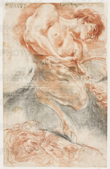 Figure of a saint; various sketches on the verso (head, hand, leg, figures); attributed to Camillo Procaccini (1561–1629) (former attribution); Bonola Codex; figure studies, saints, male figure studies, filigrees; after 1590, Milan; drawing; height 41.6 cm, width 24.9 cm.