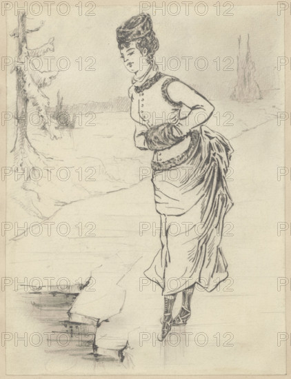 A Maid Hiding a Top Hat and Cane from Her Master, Grévin, Alfred (1827–1892), draughtsman; genre scene caricature/illustration; glued onto a backing together with Rys.Ob. XIX 233, framed in ink and watercolor borders; 1870s, France; drawing; height 20.8 cm, width 15.7 cm; subjects: women, men, maids; repossession.