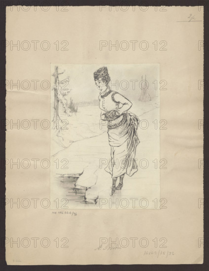 A Maid Hiding a Top Hat and Cane from Her Master, Alfred Grévin (1827–1892), draughtsman, genre scene caricature/illustration, ink and watercolor drawing, 1870s, France; glued onto a backing together with Rys.Ob. XIX 233, framed in ink and watercolor borders; height 20.8 cm, width 15.7 cm; subjects: women, men, maids; themes: repossession.