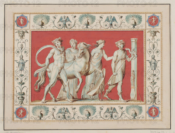 Vestigia delle Terme di Tito. The triumph of Bacchus. Quadro from the central field of the vault decoration of room 25, Carlone, Marco (1742-1796), graphic artist; Smuglewicz, Franciszek (1745-1807), graphic artist; Mirri, Ludovico (1738-1786), publisher. Ancient architecture; traces (archaeological); Rome (Italy); traces of decoration; Bacchus (mythology)/Dionysus (mythology); Golden House of Nero (Rome); Baths of Titus (Rome); Bacchantes. 1776 — illustration; Italian print; antiquity; archaeology; mythology. Depicts the enthroned Bacchus surrounded by seasons (difficult to recognize); a boy hands Bacchus a cup of wine; in the border are winged figures and Bacchantes. Rome, 1776, colored graphic print. Height 52.2 cm; width 57 cm.