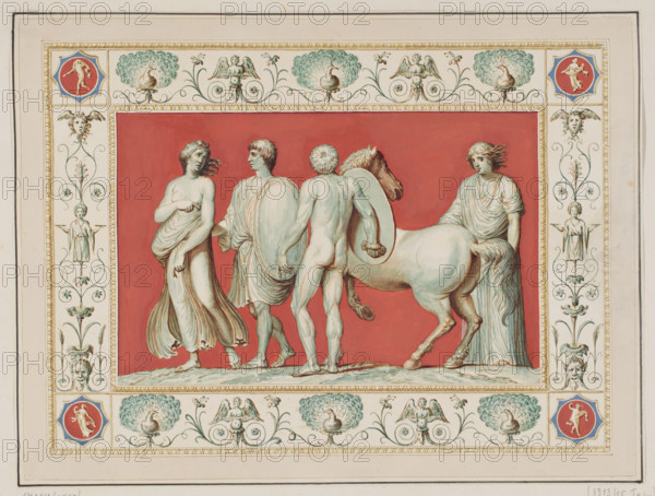 Vestigia delle Terme di Tito. Bacchus' youth. Quadro from the vault decoration of room 25, Carlone, Marco (1742–1796), graphic artist; Smuglewicz, Franciszek (1745–1807), graphic artist; Mirri, Ludovico (1738–1786), publisher. Ancient architecture; traces (archaeological); traces of decoration; Bacchus/Dionysus (mythology); Golden House of Nero (Rome); Baths of Titus (Rome); Victoria (mythology); grotesques (ornament); peacocks. 1776 — illustration; Italian graphics; antiquity; archaeology; mythology; decoration of the vault of room 25, 1776, Rome; colored graphic print; height 32 cm, width 42.3 cm; board marked no. I.34; in the graphic album page 15.