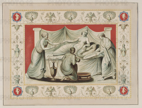 Vestigia delle Terme di Tito. Bacchus' youth. Quadro from the vault decoration of room 25, Carlone, Marco (1742-1796), graphic artist, Smuglewicz, Franciszek (1745-1807), graphic artist, Mirri, Ludovico (1738-1786), publisher, ancient architecture, odrys (archaeol.), Rome (Italy), odrys of decoration, Golden House of Nero (Rome), Baths of Titus (Rome), Helena and Clytemnestra (myth.), Tyndareus (myth.), Castor and Pollux (myth.), Sparta (Greece), peacocks, grotesques (ornament), Vestigia delle Terme di Tito, 1776 - illustration, Italian graphic art, Italian, antiquity, archaeology, mythology, board marked no. 34, in the graphic album page 14 vault decoration in room 25, 1776, Rome, graphic art, colored graphic print, height 32 cm, width 42.2 cm