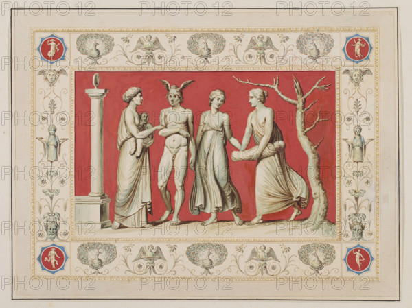 Vestigia delle Terme di Tito. The birth of Bacchus. Quadro from the vault decoration of room 25, Carlone, Marco (1742-1796), graphic artist, Smuglewicz, Franciszek (1745-1807), graphic artist, Mirri, Ludovico (1738-1786), publisher, ancient architecture, Rome (Italy), traces (archaeological), traces of decoration, Dionysus (mythology), Bacchus (mythology), Golden House of Nero (Rome), The Baths of Titus (Rome), Semele (mythology), peacocks, birth, grotesques (ornament), Vestigia delle Terme di Tito, 1776 - illustration, Italian graphics, Italian, antiquity, archaeology, mythologies, board marked I. 33, in the graphic album page 17, 1776, Rome, colored graphic print, height 32 cm, width 42.2 cm