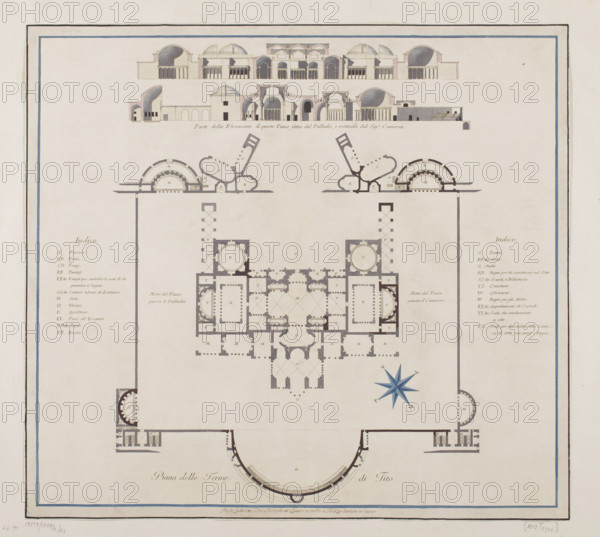 Vestigia delle Terme di Tito. Vault decoration in room 12, Carlone, Marco (1742–1796), graphic artist; Smuglewicz, Franciszek (1745–1807), draughtsman; Brenna, Vincenzo (1741–1820), draughtsman; Mirri, Ludovico (1738–1786), publisher. Ancient architecture, Rome (Italy); traces of decoration; Bacchus/Dionysus; Golden House of Nero; Baths of Titus; Bacchantes; Victoria (mythology); filigrees ('CH WITTMANN'); Polish graphics; grotesques (ornament); candles (lighting). Vestigia delle Terme di Tito, 1776 — illustration; Italian graphics; antiquity; archaeology; mythologies. Board marked no. 28, in the graphic album page 19, 1776, Rome. Colored graphic print; height 53.3 cm, width 58.5 cm.