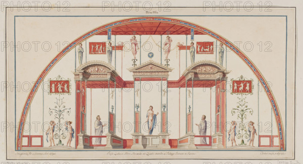 Vestigia delle Terme di Tito. Kidnapping of Hippodamia. Quadro from the vault decoration of room 27, Carlone, Marco (1742–1796), graphic artist; Smuglewicz, Franciszek (1745–1807), graphic artist; Mirri, Ludovico (1738–1786), publisher. Ancient architecture, Rome (Italy); traces (archaeological); traces of decoration; Golden House of Nero (Rome); centaurs (mythology); Baths of Titus (Rome); Hippodamia (mythology); grotesques (ornament); medallions; Vestigia delle Terme di Tito, 1776 — illustration; Italian graphics; antiquity; Theseus (mythology); archaeology; mythologies. Board marked no. 39, in the graphic album page 24, 1776, Rome; graphic, colored graphic print; height 53.5 cm, width 84.8 cm.