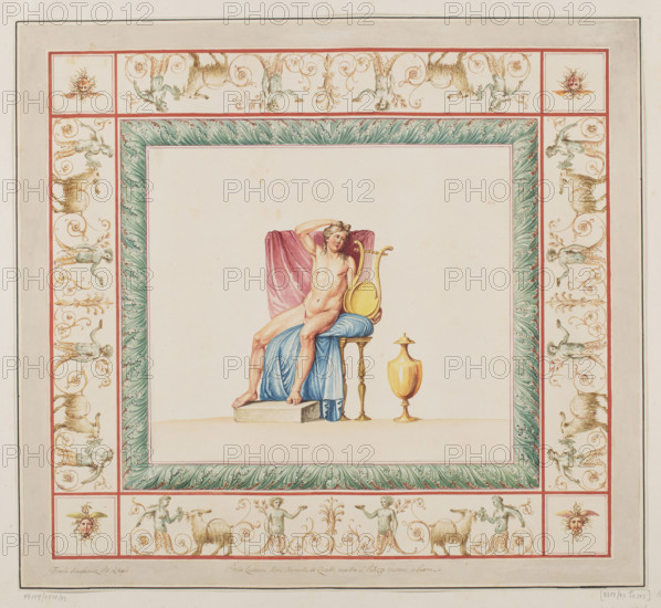 Vestigia delle Terme di Tito. Sordnino decoration in room 25, Carlone, Marco (1742–1796), graphic artist; Smuglewicz, Franciszek (1745–1807), draughtsman; Brenna, Vincenzo (1741–1820), draughtsman; Mirri, Ludovico (1738–1786), publisher. Ancient architecture, Rome (Italy); archaeological traces; decoration traces; Golden House of Nero (Rome); Baths of Titus (Rome); Apollo (mythology); grotesques (ornament). Vestigia delle Terme di Tito, 1776 — illustration; Italian graphic art; Italian; antiquity; archaeology. Board marked no. 17; in the graphic album page 9, 1776, Rome; colored graphic print; height 30 cm, width 56.7 cm.