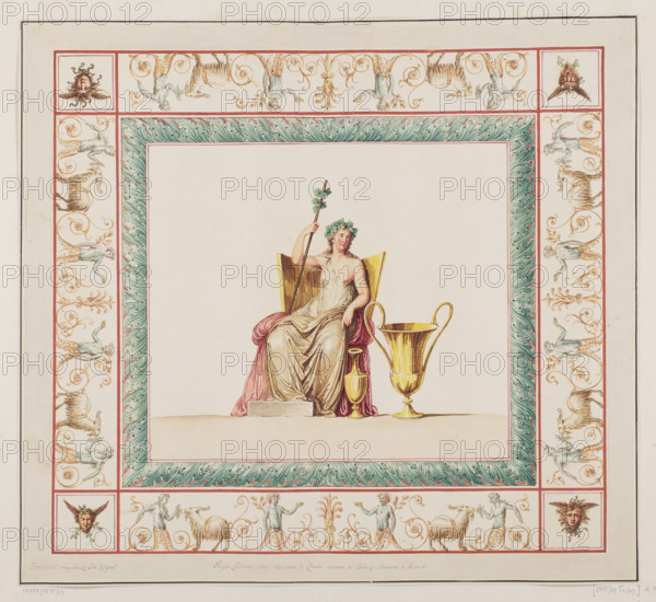 Vestigia delle Terme di Tito. Apollo. Quadro from the vault decoration of room 15, Carlone, Marco (1742–1796), graphic artist, Smuglewicz, Franciszek (1745–1807), graphic artist, Mirri, Ludovico (1738–1786), publisher, ancient architecture, Rome (Italy), traces of decoration, traces (archaeology), Apollo (mythology), Golden House of Nero (Rome), Baths of Titus (Rome), head of Medusa, grotesques (ornament), Vestigia delle Terme di Tito, 1776 - illustration, Italian graphic art, Italian, antiquity, archaeology, mythology, board marked no. 45, in the graphic album page 22, 1776, Rome, graphic, colored graphic print, height 52 cm, width 57 cm