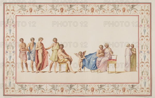 Vestigia delle Terme di Tito. Pomona. Quadro from the vault decoration of room 15, Carlone, Marco (1742–1796), graphic artist; Smuglewicz, Franciszek (1745–1807), graphic artist; Mirri, Ludovico (1738–1786), publisher. Ancient architecture, Rome; traces (archaeology); traces of decoration; Pomona (mythology); Golden House of Nero (Rome); Baths of Titus (Rome); head of Medusa; grotesques (ornament). Vestigia delle Terme di Tito, 1776 — illustration; Italian print; antiquity; archaeology; mythology; board marked no. 44; in the graphic album page 23; 1776; Rome; colored graphic print; height 52.5 cm, width 57.3 cm.