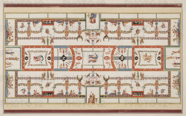 Tito's Vestigia delle Terme. Mars and Venus surprised by the gods. Quadro from the vault decoration of room 21, Carlone, Marco (1742-1796), graphic artist; Smuglewicz, Franciszek (1745-1807), graphic artist; Mirri, Ludovico (1738-1786), publisher. Ancient architecture, Rome (Italy); traces (archaeological); traces of decoration. Figures: Mars, Venus, Hephaestus/Vulcan, Zeus, Hera, Cupid. Golden House of Nero (Rome); Baths of Titus (Rome). Grotesques (ornament). Vestigia delle Terme di Tito, 1776 — illustration; Italian graphic art; antiquity; archaeology; mythologies. Board marked no. 38, in the graphic album page 25, 1776, Rome. Colored graphic print; height 52.3 cm, width 57.5 cm.