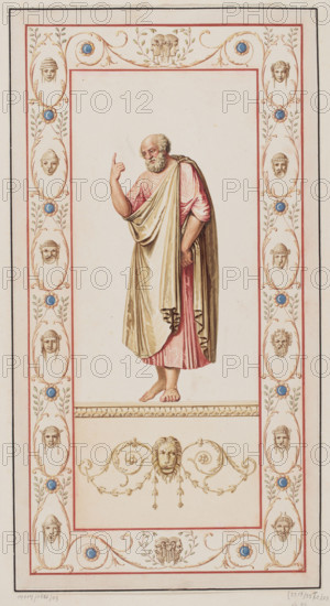Vestigia delle Terme di Tito. Dionysus and Ariadne. Quadro from the vault decoration of room 15, Carlone, Marco (1742–1796), graphic artist; Smuglewicz, Franciszek (1745–1807), graphic artist; Mirri, Ludovico (1738–1786), publisher. Ancient architecture, traces of decoration, traces (archaeology); Rome (Italy), Golden House of Nero (Rome); Ariadne (mythology); The Baths of Titus (Rome); Dionysus (mythology); vines; grotesques (ornament). Vestigia delle Terme di Tito, 1776 — illustration; Italian graphics; antiquity; archaeology; mythology. Board marked no. 60, in the graphic album page 52, 1776, Rome. Graphic, colored graphic print; height 52.7 cm; width 57.3 cm.