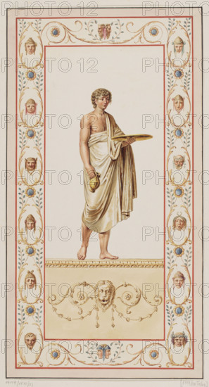 Vestigia delle Terme di Tito. Ephebe in a blue robe. Quadro from the wall decoration in room 15, Carlone, Marco (1742–1796), graphic artist; Smuglewicz, Franciszek (1745–1807), graphic artist; Mirri, Ludovico (1738–1786), publisher. Ancient architecture, Rome (Italy); traces (archaeol.); traces of decoration; Golden House of Nero (Rome); Baths of Titus (Rome); ephebes; grotesques (ornament). Vestigia delle Terme di Tito, 1776 — illustration; Italian graphics; antiquity; archaeology. Board marked no. 35, in the graphic album page 36, 1776, Rome; colored graphic print; height 57.3 cm, width 30.7 cm