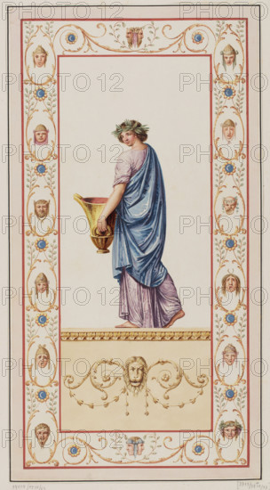 Vestigia delle Terme di Tito. Ganymede. Quadro from the wall decoration in room 15, Carlone, Marco (1742-1796), graphic artist, Smuglewicz, Franciszek (1745-1807), graphic artist, Mirri, Ludovico (1738-1786), publisher, ancient architecture, traces (archaeological), Rome (Italy), traces of decoration, Golden House of Nero (Rome), Baths of Titus (Rome), Ganymede (mythology), grotesques (ornament), borders, theatre masks, Vestigia delle Terme di Tito, 1776 - illustration, Italian print, Italian, antiquity, archaeology, mythology, board marked no. 36, in the graphic album page 35, 1776, Rome, graphic, colored graphic print, height 57.2 cm, width 30.3 cm