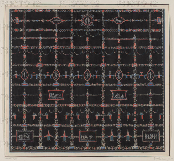 Vestigia delle Terme di Tito. Decoration of the vault called in fondo giallo, in room 24. Carlone, Marco (1742-1796), graphic artist; Smuglewicz, Franciszek (1745-1807), draughtsman; Brenna, Vincenzo (1741-1820), draughtsman; Mirri, Ludovico (1738-1786), publisher. Ancient architecture, traces of decoration, Rome (Italy), traces (archaeol.), cupids, Golden House of Nero (Rome), Baths of Titus (Rome), Chronos (mythology), Time (personification), grotesques (ornament). Vestigia delle Terme di Tito, 1776 — illustration, Italian graphic art, antiquity, archaeology, mythologies. Board marked no. 25, in the graphic album page 38, 1776, Rome. Colored graphic print, height 51.4 cm, width 56.6 cm.