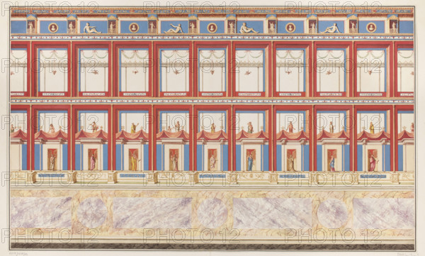 Vestigia delle Terme di Tito. Vault decoration in gallery 14, Carlone, Marco (1742-1796), graphic artist; Smuglewicz, Franciszek (1745-1807), draughtsman; Brenna, Vincenzo (1741-1820), draughtsman; Mirri, Ludovico (1738-1786), publisher. Ancient architecture; traces (archaeological); traces of decoration. Rome (Italy). Ariadne (mythology); Theseus (mythology); Golden House of Nero (Rome); Baths of Titus (Rome); Minos (legend; king of Crete); Mars (mythology); grotesques (ornament). Vestigia delle Terme di Tito, 1776 — illustration; Italian graphic art; Italian; antiquity; archaeology; mythologies; board marked no. 21; in the graphic album page 44; colored graphic print; height 87.6 cm, width 53 cm