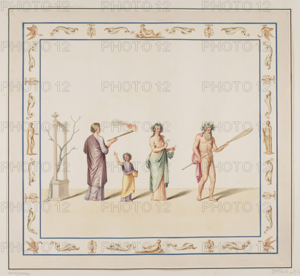 Vestigia delle Terme di Tito. A cart loaded with grapes. Quadro from the vault decoration of room 14, Carlone, Marco (1742–1796), graphic artist; Smuglewicz, Franciszek (1745–1807), graphic artist; Mirri, Ludovico (1738–1786), publisher. Ancient architecture, traces (archaeol.), traces of decoration, Rome (Italy). The Baths of Titus (Rome), golden shower (Zeus), grapes (fruit), oxen. Vestigia delle Terme di Tito, 1776 — illustration, Italian graphics, Italian, antiquity, archaeology. Graphic, colored graphic print; height 52.2 cm, width 56.8 cm; board marked with no. 52, in a graphic album, page 50.