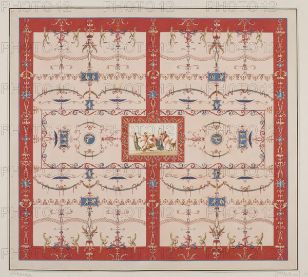 Vestigia delle Terme di Tito. Mars and Venus. Quadro from the vault decoration of room 15, Carlone, Marco (1742-1796), graphic artist; Smuglewicz, Franciszek (1745-1807), graphic artist; Mirri, Ludovico (1738-1786), publisher. Ancient architecture, traces (archaeological), Rome (Italy); traces of decoration; Golden House of Nero (Rome); Baths of Titus (Rome); Venus (mythology); grotesques (ornament); Mars (mythology). Vestigia delle Terme di Tito, 1776 — illustration; Italian graphic; antiquity; archaeology; mythology. Board marked no. 51, in the graphic album page 34, 1776, Rome. Colored graphic print; height 52.7 cm, width 57.1 cm.