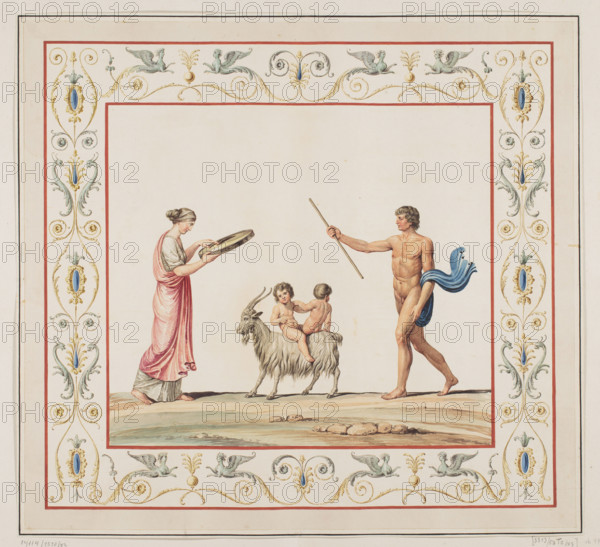 Vestigia delle Terme di Tito. Decoration of the vault called in fondo gensola, in room 29, Carlone, Marco (1742-1796), graphic artist, Smuglewicz, Franciszek (1745-1807), draughtsman, Brenna, Vincenzo (1741-1820), draughtsman, Mirri, Ludovico (1738-1786), publisher, ancient architecture, Golden House of Nero (Rome), Baths of Titus (Rome), grotesques (ornament), Vestigia delle Terme di Tito, 1776 - illustration, Italian graphic art, Italian, antiquity, archaeology, mythology, Board marked no. 30, in the graphic album, page 59, decoration of the vault in room 29 in a brownish-red 'gensola' tone, in the central field two women, one of whom kneels in front of the other; outline of the board completely invisible under the paint layers, 1776, Rome, graphic art, colored graphic print, height 51.8 cm, width 55.8 cm