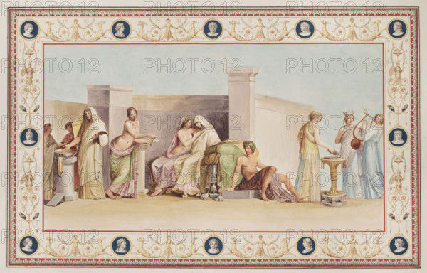 Vestigia delle Terme di Tito. Two children on a goat. Quadro from the vault decoration of room 11 by Marco Carlone (1742–1796), graphic artist; Franciszek Smuglewicz (1745–1807), graphic artist; published by Ludovico Mirri (1738–1786). Depicts ancient architecture and traces (archaeological) of The Baths of Titus and The Golden House of Nero (Rome); figures: Zeus, Hera, Amalthea; grotesques ornament. Title Vestigia delle Terme di Tito, 1776 — illustration. Italian graphics; antiquity, archaeology, mythologies. Board marked No. 57, in the graphic album page 60, 1776, Rome. Colored graphic print; height 52.3 cm, width 56.7 cm.