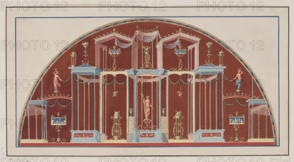 Vestigia delle Terme di Tito. View of the apse in room 25 with statues of Minerva, Juno and Venus; Carlone, Marco (1742–1796), graphic artist; Smuglewicz, Franciszek (1745–1807), draughtsman; Brenna, Vincenzo (1741–1820), draughtsman; Mirri, Ludovico (1738–1786), publisher. Ancient architecture, Rome; traces of decorations; Athena/Minerva, Hera/Juno, Venus, Cupid; The Judgement of Paris. Vestigia delle Terme di Tito, 1776 — illustration; Italian graphic art; colored graphic print; height 53.1 cm, width 58 cm; board marked no. 32, in a graphic album page 8, 1776, Rome.