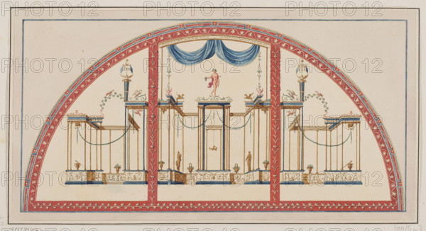 Vestigia delle Terme di Tito. Sordino decoration in room 29, Carlone, Marco (1742–1796), graphic artist; Smuglewicz, Franciszek (1745–1807), draughtsman; Brenna, Vincenzo (1741–1820), draughtsman; Mirri, Ludovico (1738–1786), publisher. Ancient architecture, Rome (Italy); traces (archaeology); traces of decoration; Mercury (mythology); Baths of Titus (Rome); Golden House of Nero (Rome). Vestigia delle Terme di Tito, 1776 — illustration; Italian graphic art; Italian; antiquity; archaeology. Board marked no. 18; in the graphic album, page 41 shows the decorations of the lunette in room 29: in the upper part on a tripod, in the lower part, also on a tripod, Mercury; background in dark brown. 1776, Rome. Colored graphic print; height 29.7 cm, width 55.8 cm.