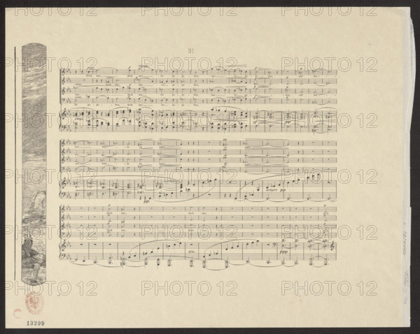 Vignette with a desert scene (right side of the performance), plate 35, Brahms's Fantasy, Op. XII; publisher: Amsler & Ruthardt Verlag (Berlin), 1869–1921; graphic artist: Max Klinger (1857–1920); composer: Johannes Brahms (1833–1897); subjects: deserts, music, vignettes (decorations); score, 1894; graphics; height 26.4 cm, width 2.6 cm.