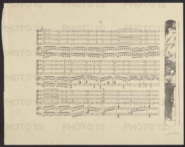 Vignette with a desert scene (right side of the performance), plate 35, Brahms's Fantasy, Op. XII; publisher: Amsler & Ruthardt Verlag (Berlin), 1869–1921; graphic artist: Max Klinger (1857–1920); composer: Johannes Brahms (1833–1897); subject: deserts; type: vignette (decoration); medium: graphics; date: 1894; dimensions: height 26.4 cm, width 2.6 cm.