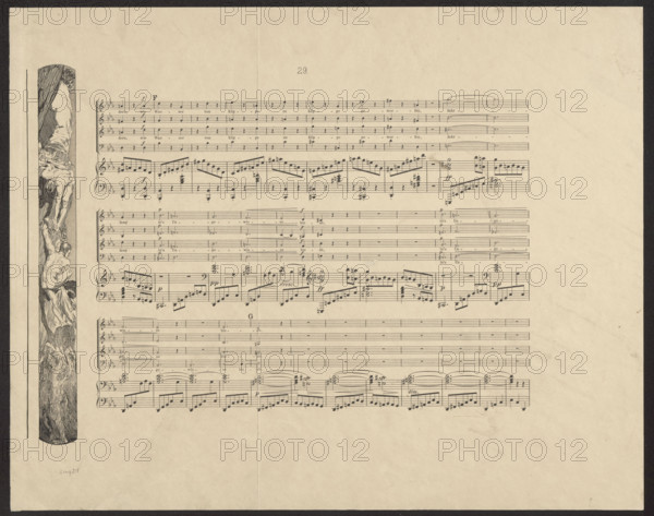 Vignette with people climbing a mountainside, pl. 33, Brahms' Fantasy, Op. XII; vignette with a desert scene (left side of the performance), pl. 34, Brahms' Fantasy, Op. XII; publisher: Amsler & Ruthardt Verlag (Berlin; publishing house; 1869–1921); graphic artist: Max Klinger (1857–1920); subject/themes: allegories, mountain landscapes, climbing, deserts, music, vignettes (decorations); composer: Johannes Brahms (1833–1897); 1894; graphic art; height 26.4 cm, width 2.6 cm.