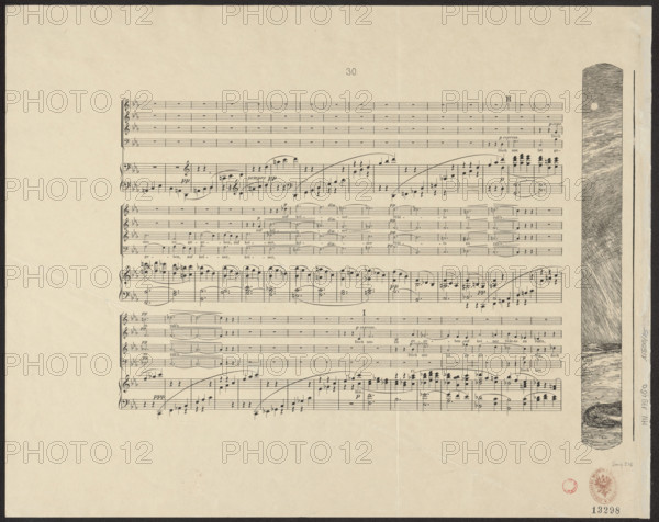 Vignette with people climbing a mountainside, pl. 33, Brahms' Fantasy, Op. XII; vignette with a desert scene (left side of the performance), pl. 34, Brahms' Fantasy, Op. XII; publisher: Amsler & Ruthardt Verlag (Berlin; publishing house; 1869–1921); artist: Max Klinger (1857–1920), graphic artist; subject: Johannes Brahms (1833–1897), allegories, mountain landscapes, climbing, deserts, music, vignettes (decorations); date: 1894; medium: graphic art; dimensions: height 26.4 cm, width 2.6 cm.